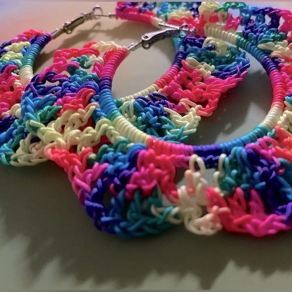 CROCHET LACEY HOOP EARRINGS- NEON RAINBOW - Picture 2 of 3